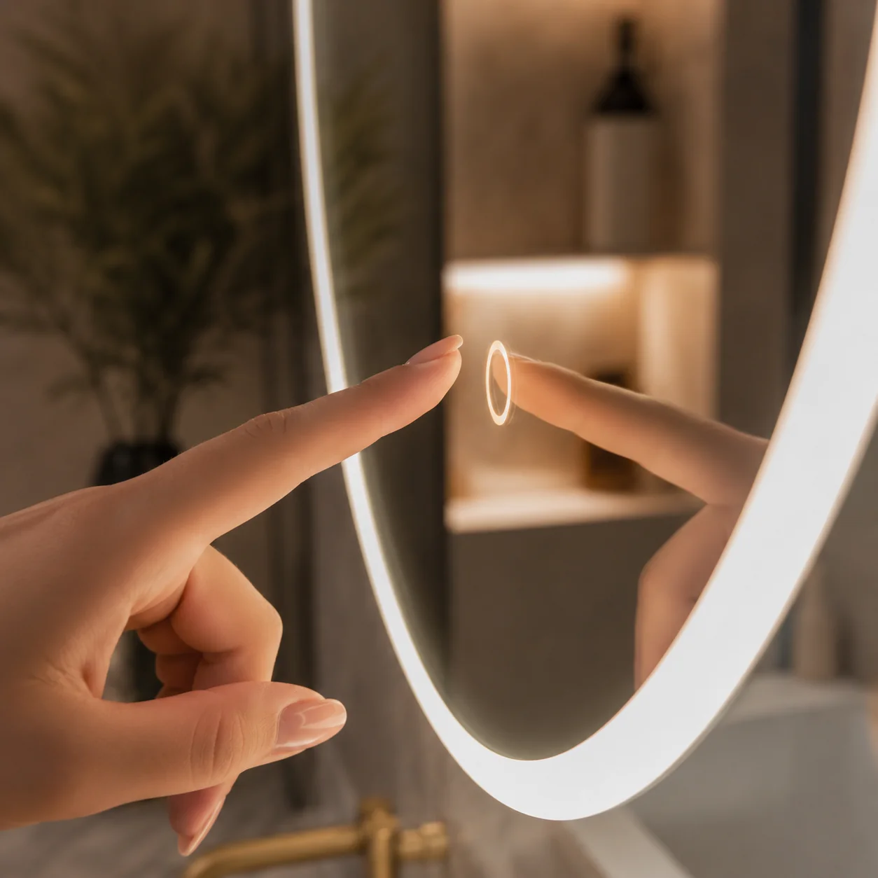 Dedo acionando o botao touch iluminado de um espelho com LED