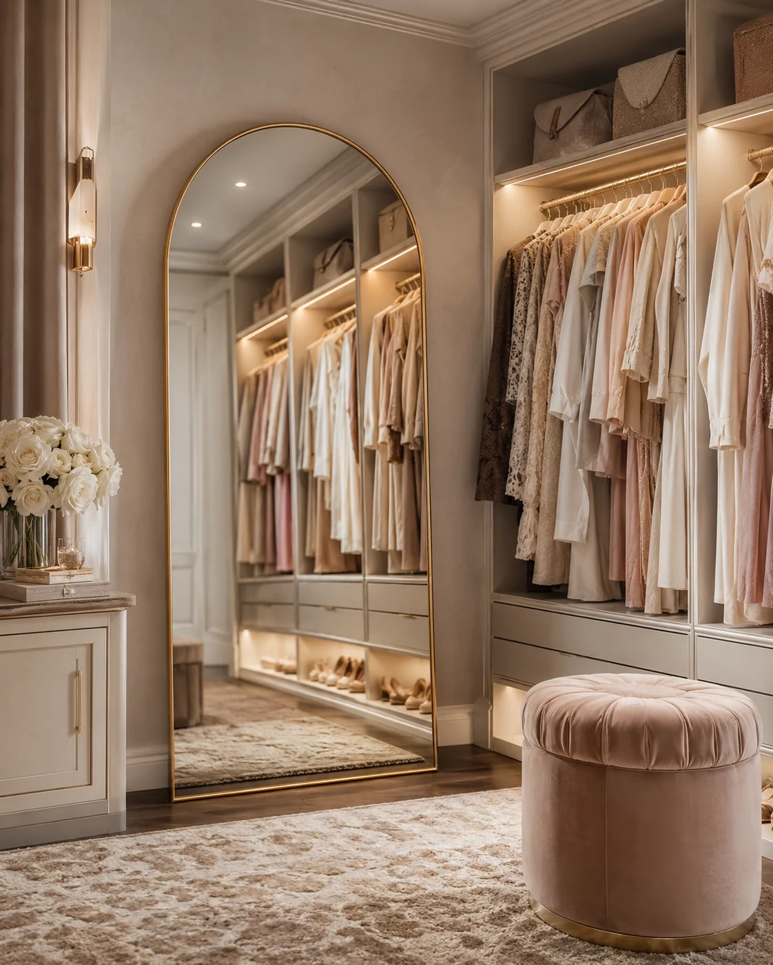 Closet feminino com espelho de moldura redonda e iluminacao embutida