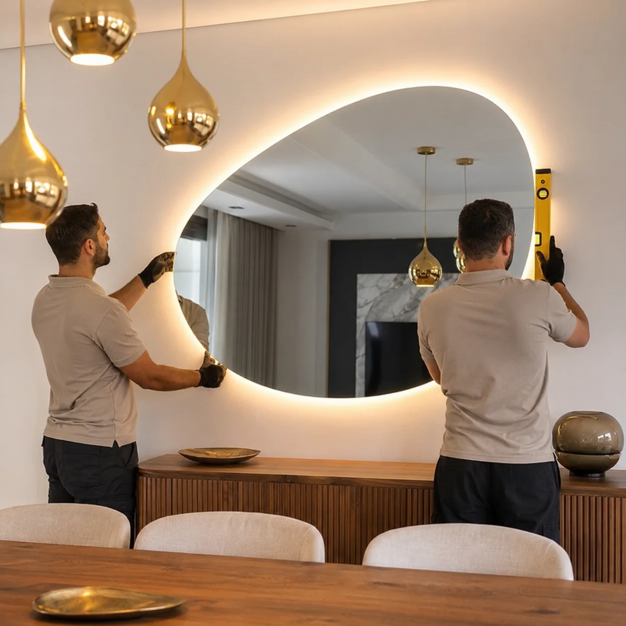 Profissionais instalando espelho organico com LED na parede