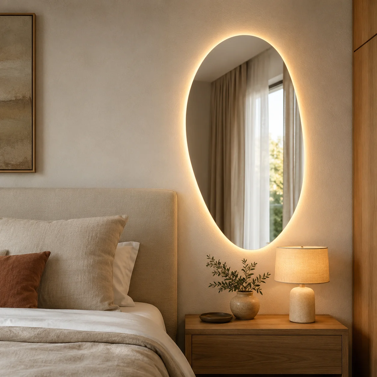 Quarto moderno com espelho organico decorativo na parede